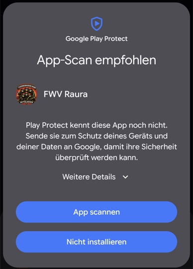 Google Play Protect: App-Scan empfohlen – mit den Knöpfen App scannen und Nicht installieren