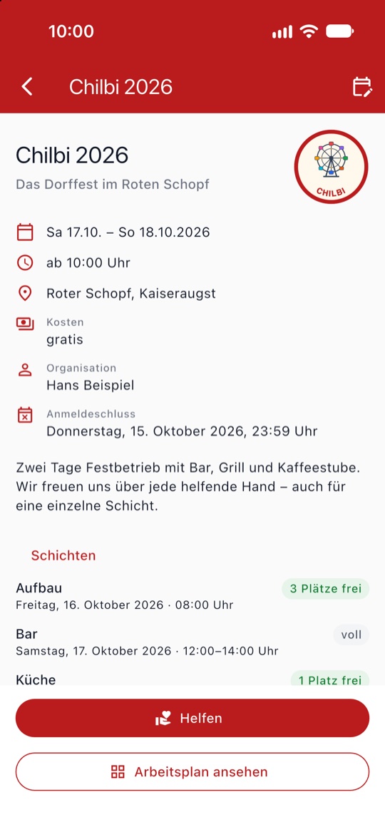 Ein Anlass mit Schichten und den Knöpfen Helfen und Arbeitsplan ansehen
