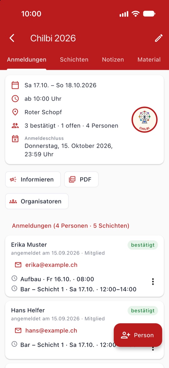 Anmeldungen als Karten pro Person mit ihren Schichten