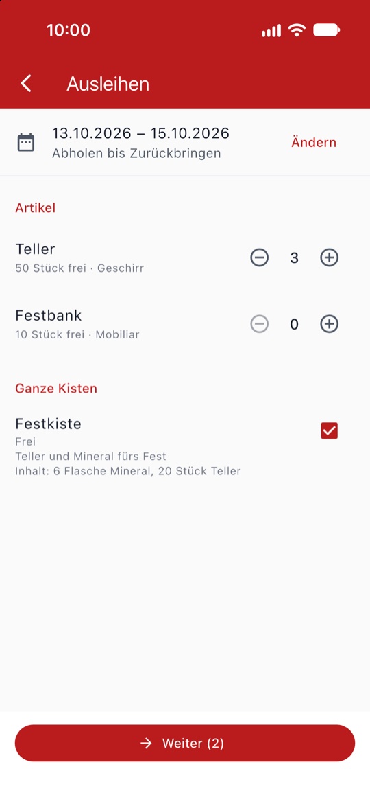 Ausleihen mit Zeitraum, Artikeln und Kisten