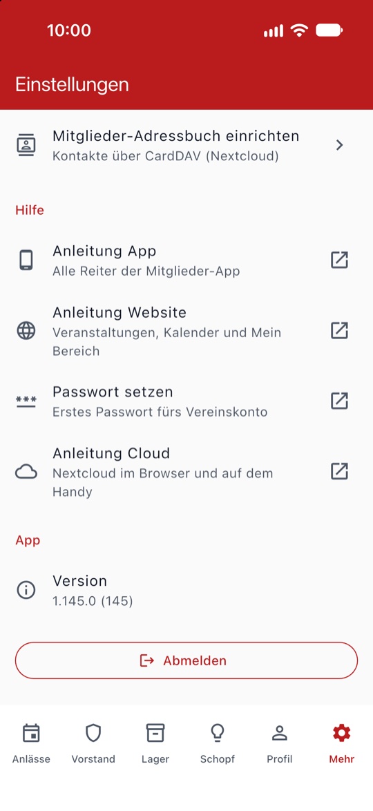 Hilfe mit den Anleitungen, Version und Abmelden