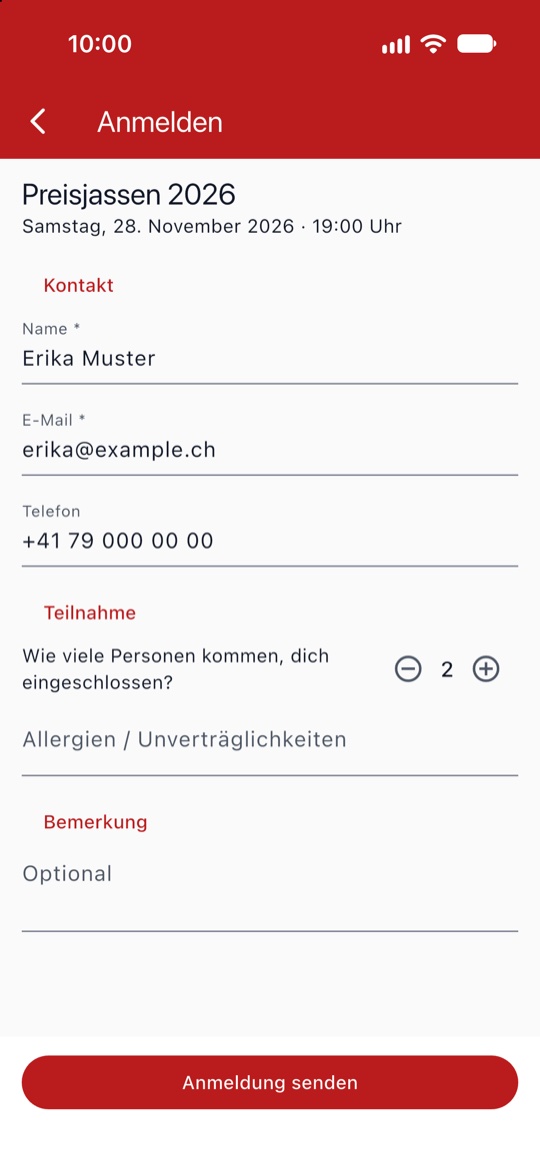 Anmelden zum Preisjassen mit zwei Personen