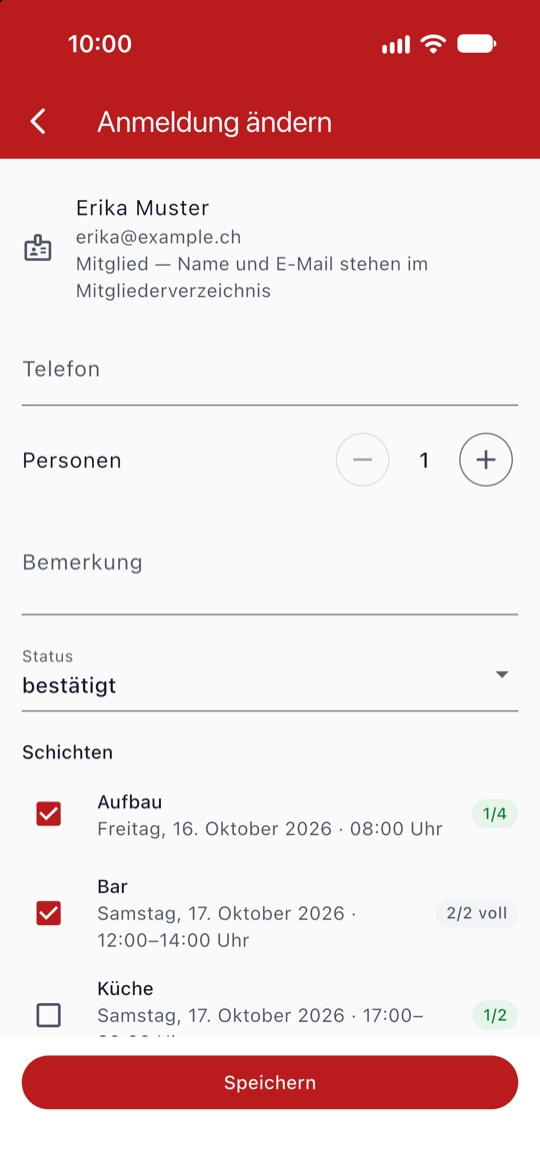 Anmeldung ändern mit den angekreuzten Schichten