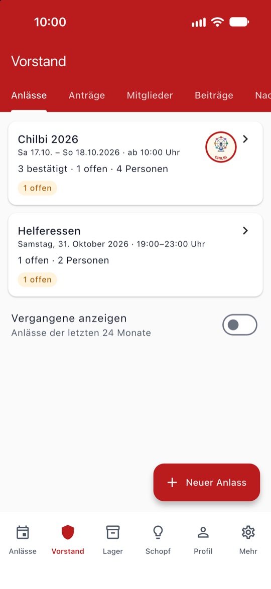 Reiter Vorstand mit den Bereichen oben und den Anlässen