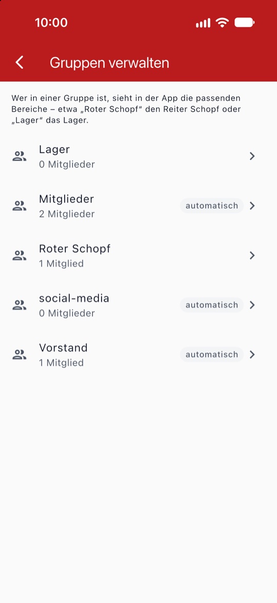 Gruppen verwalten mit den Gruppen Lager, Roter Schopf und Vorstand
