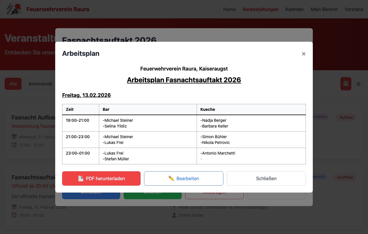 Arbeitsplan als Tabelle mit Zeitblöcken und Posten